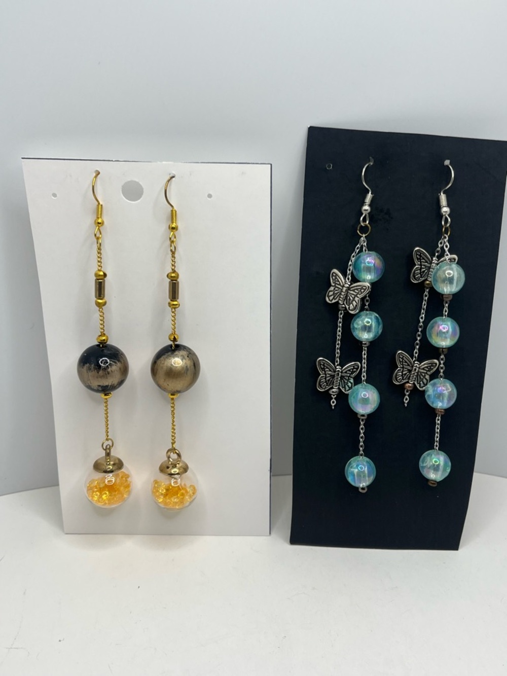 Gold and Iridescent Beaded Dangle Earrings Set - Women Jewelry 2 pairs